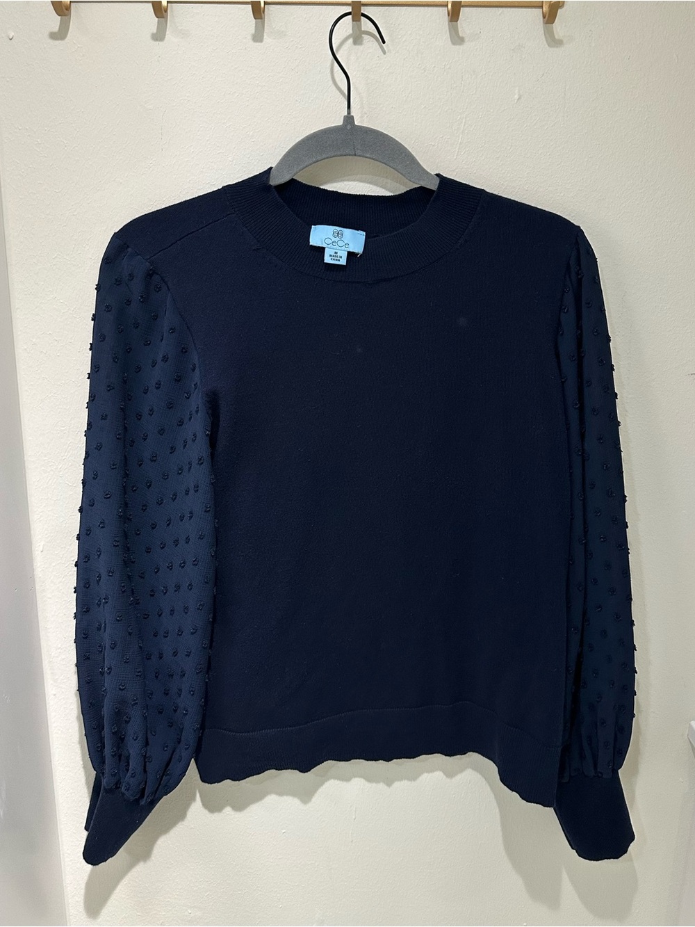 CeCe Mixed Media Mock Neck Sweater in Navy